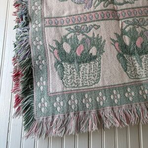Vintage Woven Easter Bunny Pastel Blanket Spring Tulips Rabbit Festive Eggs